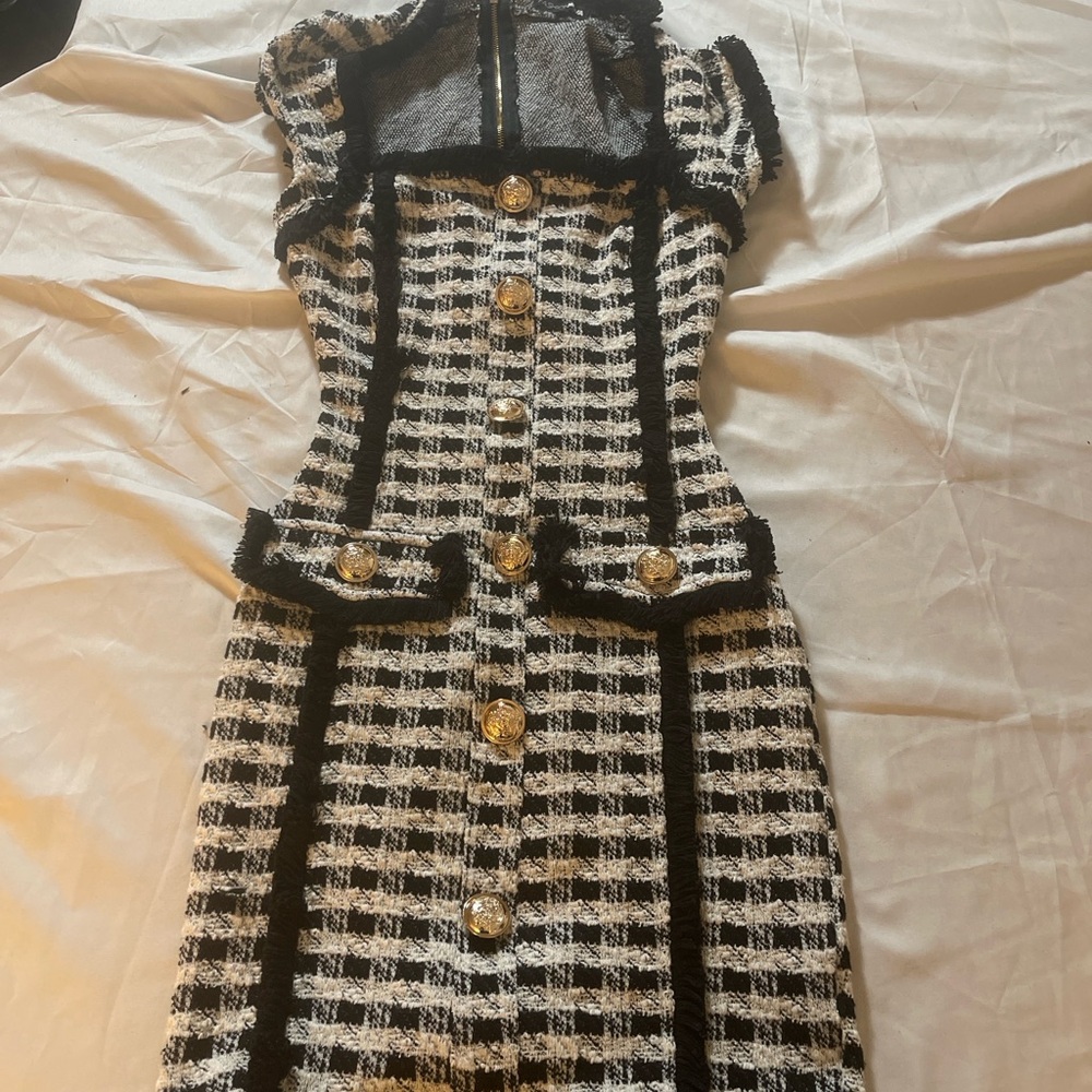 Fashion Nova black white tweed mini dress gold lion button fringe trim women’s S - Picture 2 of 7